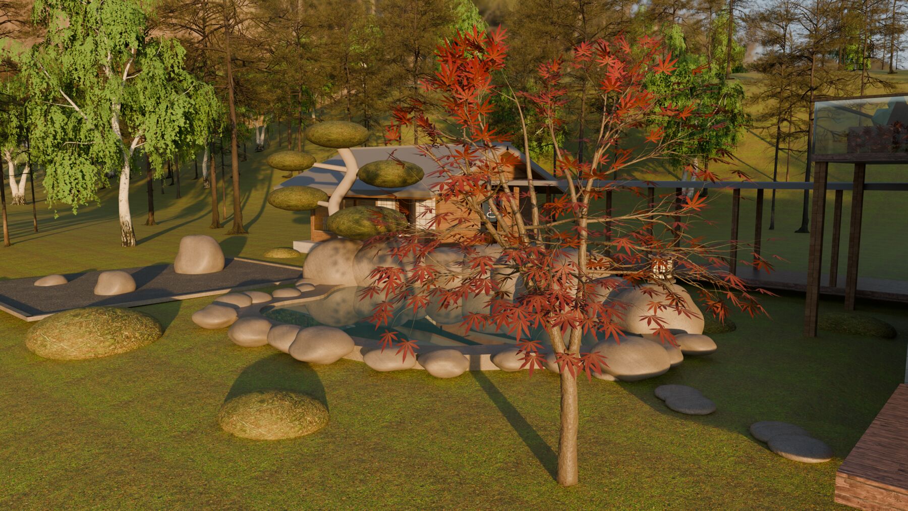 Blender render of the stone pool garden