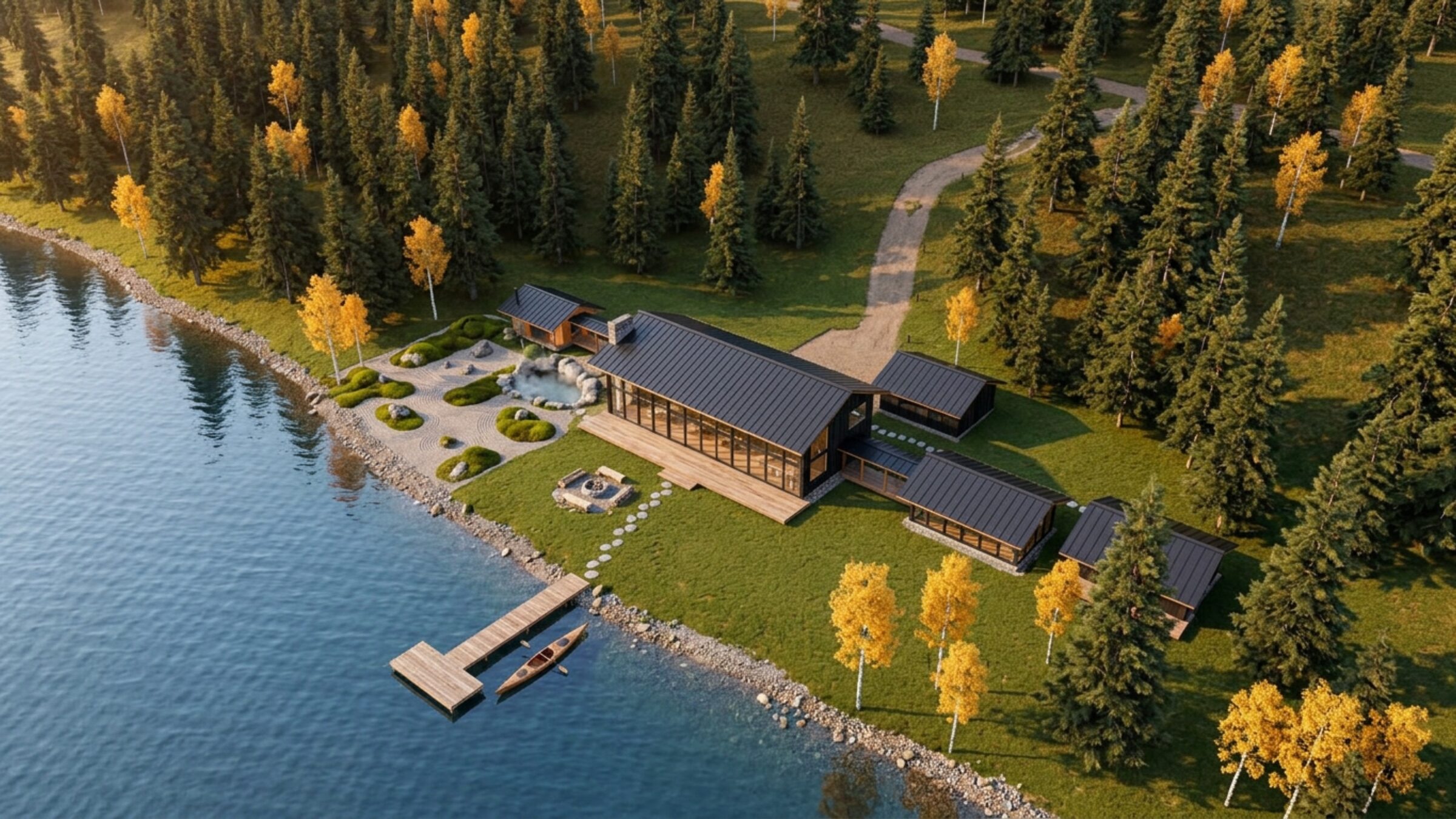 Aerial view of the compound on the lake shore in autumn
